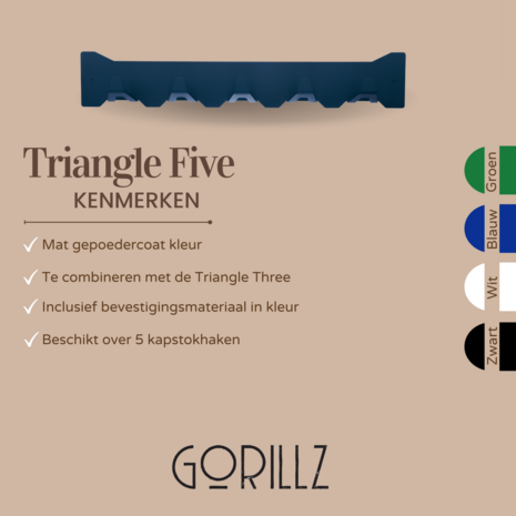 Gorillz Triangle Five - Wandkapstok - 5 haken - 70 x 5 x 12 cm - Blauw