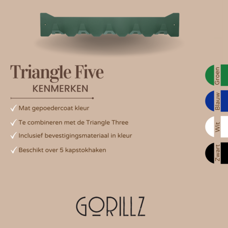 Gorillz Triangle Five - Wandkapstok - 5 haken - 70 x 5 x 12 cm - Groen