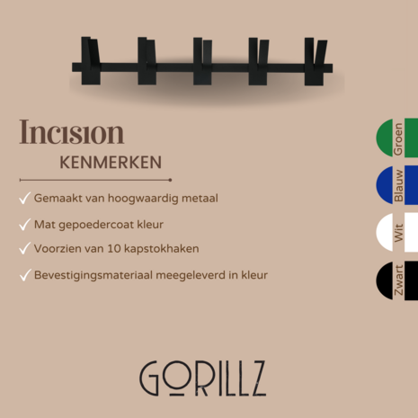 Gorillz Incision - Wandkapstok - 10 kapstokhaken - Zwart
