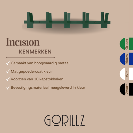 Gorillz Incision - Wandkapstok - 10 kapstokhaken - Groen