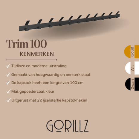 Gorillz Trim 100 - Kapstok van 1 meter - 22 Haken - Metaal - Zwart