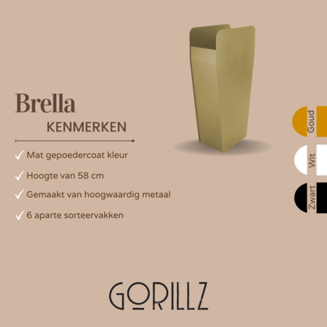 Gorillz Brella - Paraplubak met 6 Vakken - 58 cm Hoge - Industrieel Parapluhouder - Goud