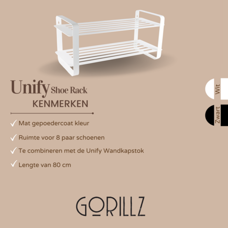 Gorillz  Unify -  Schoenenbank - Met opbergruimte - Schoenenrek - Schoenenkast - 8 Paar - 80 cm Opbergrek - Wit